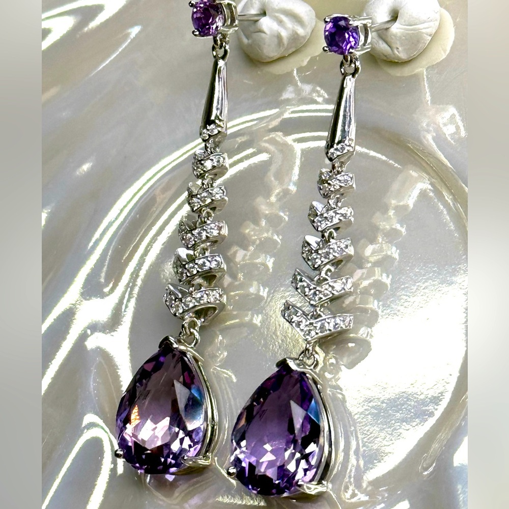 EA4 11.5CT Natural Amethyst Dangling HERRINGBONE Teardrop Elegant Earrings S925
